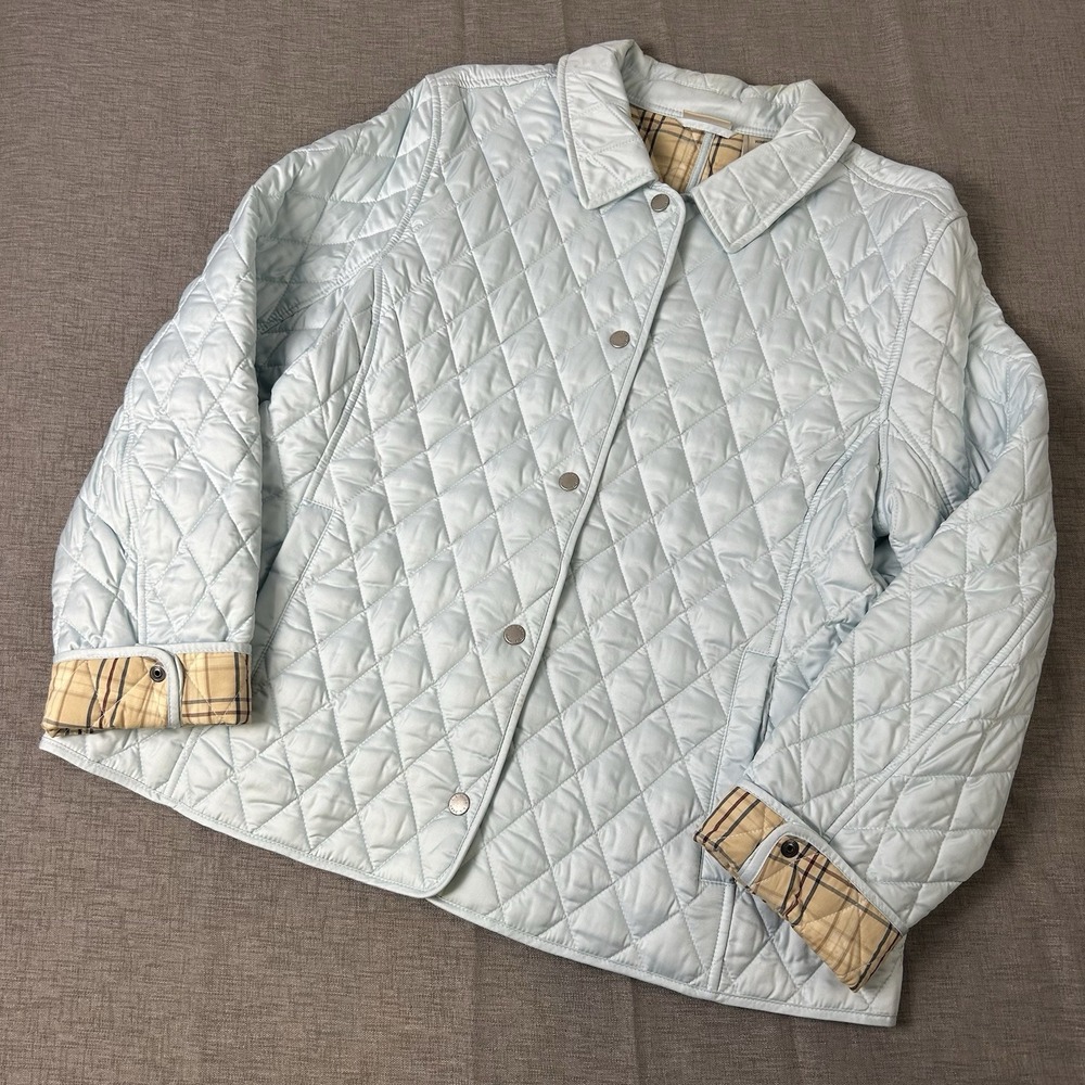 LL Bean Women's Size XL Regular Diamond Quilted Plaid Lining Blue Riding Jacket